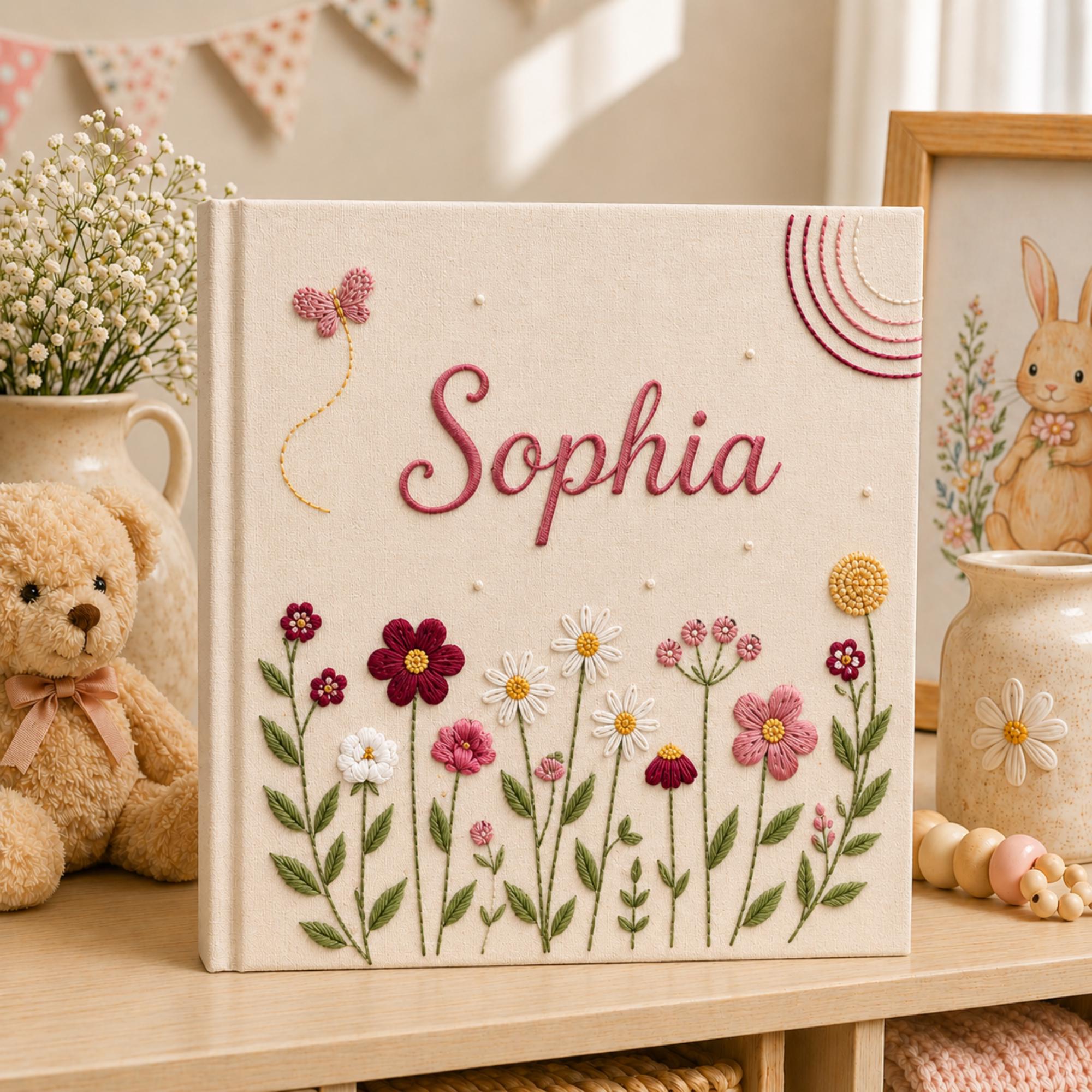 Custom Hand Embroidered Keepsake Album, Floral Butterfly Baby Scrapbook, Unique Keepsake Album, Flower Embroidered Photo Album, Newborn Gift