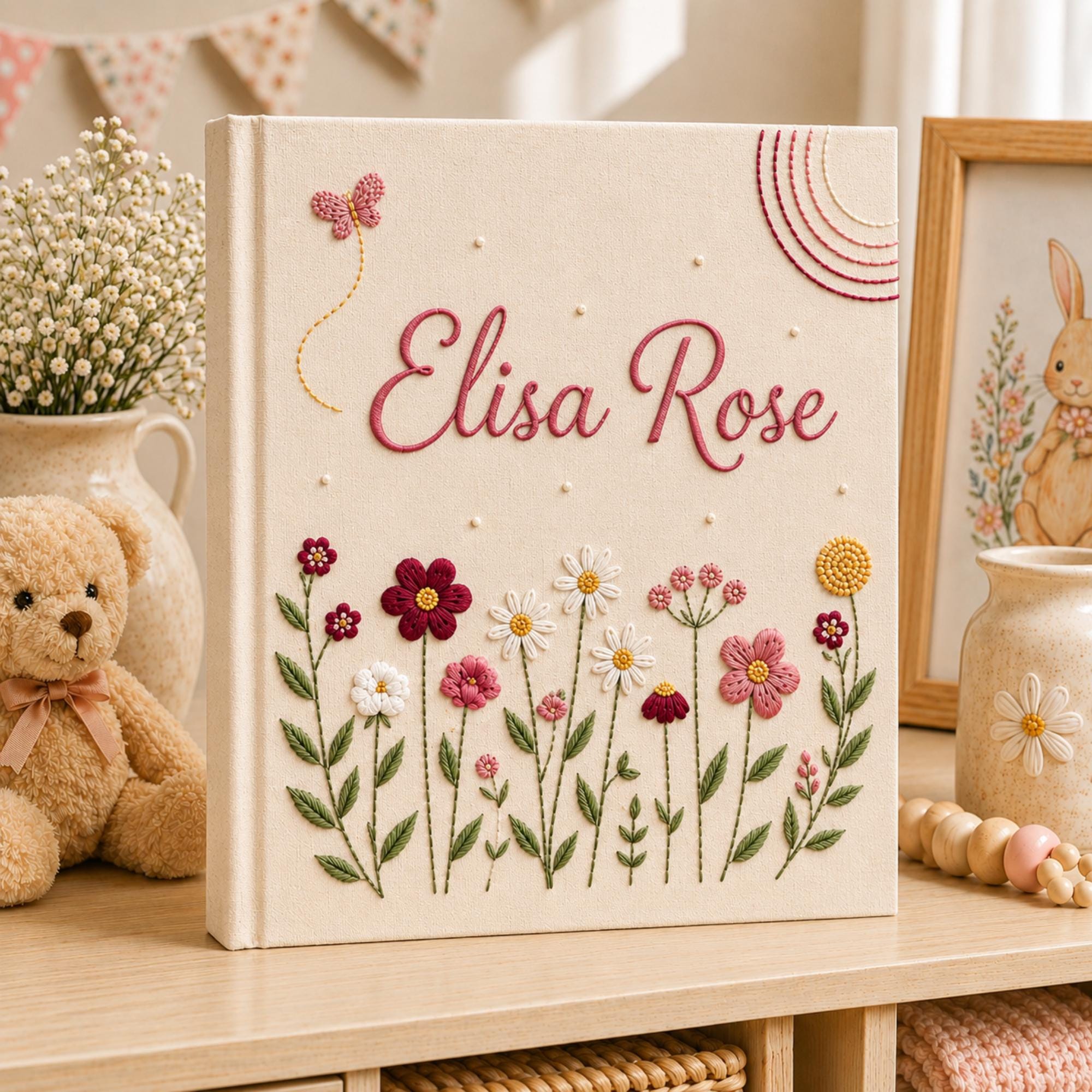 Custom Hand Embroidered Keepsake Album, Floral Butterfly Baby Scrapbook, Unique Keepsake Album, Flower Embroidered Photo Album, Newborn Gift