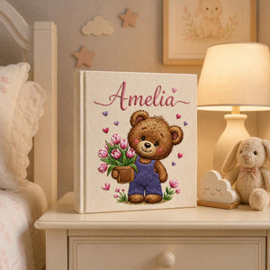Hand Embroidered Baby Photo Album with Teddy Bear, Embroidered Photo Album With Sleeves, Linen Baby Memory Book, Newborn Keepsake Album