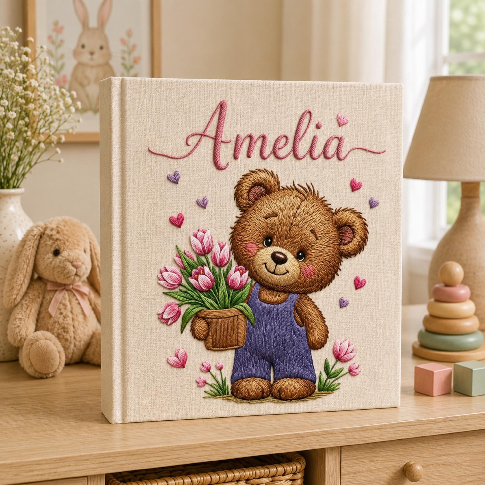 Hand Embroidered Baby Photo Album with Teddy Bear, Embroidered Photo Album With Sleeves, Linen Baby Memory Book, Newborn Keepsake Album