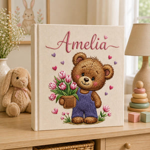 Hand Embroidered Baby Photo Album with Teddy Bear, Embroidered Photo Album With Sleeves, Linen Baby Memory Book, Newborn Keepsake Album