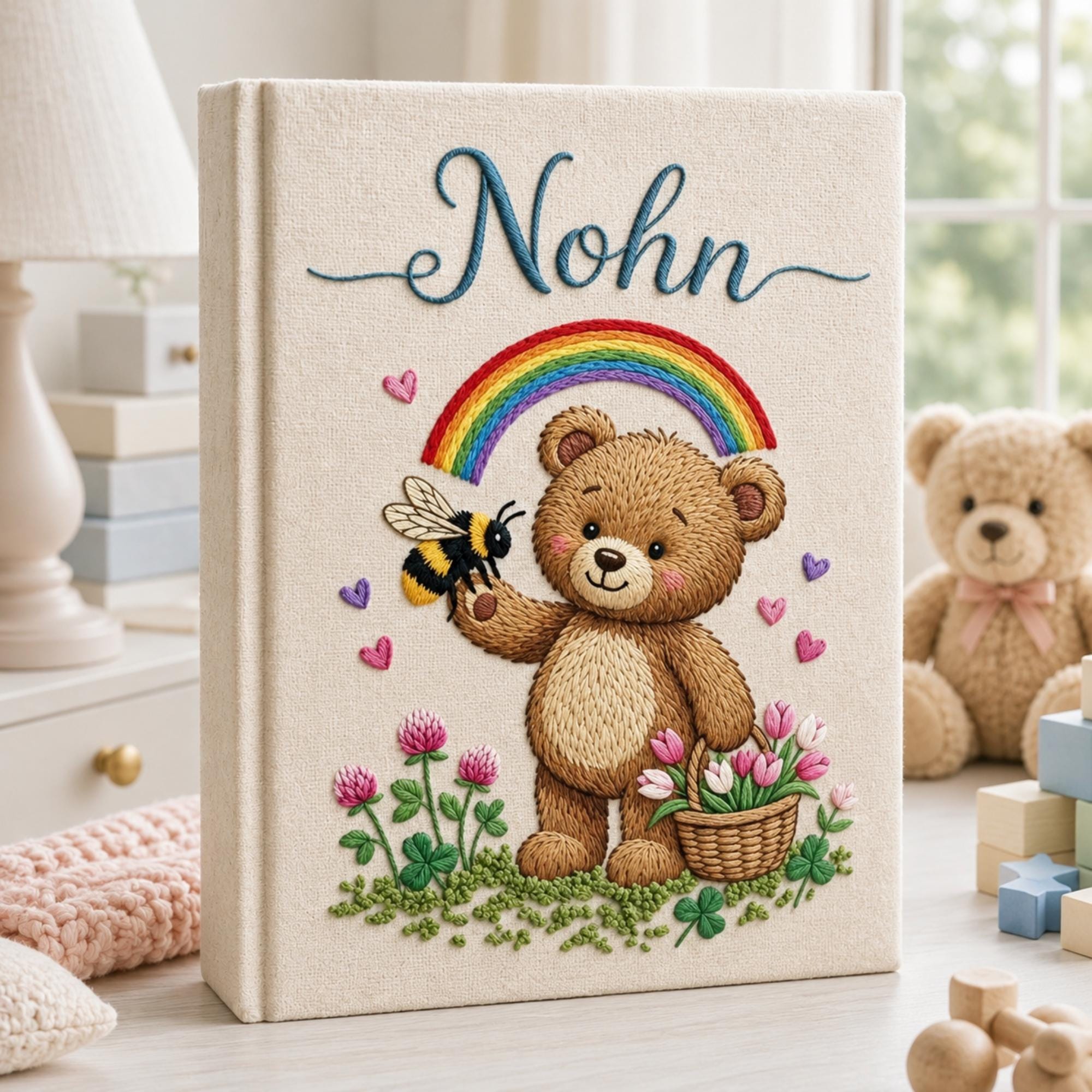 Hand Embroidered Baby Photo Album with Teddy Bear, Embroidered Photo Album With Sleeves, Linen Baby Memory Book, Newborn Keepsake Album