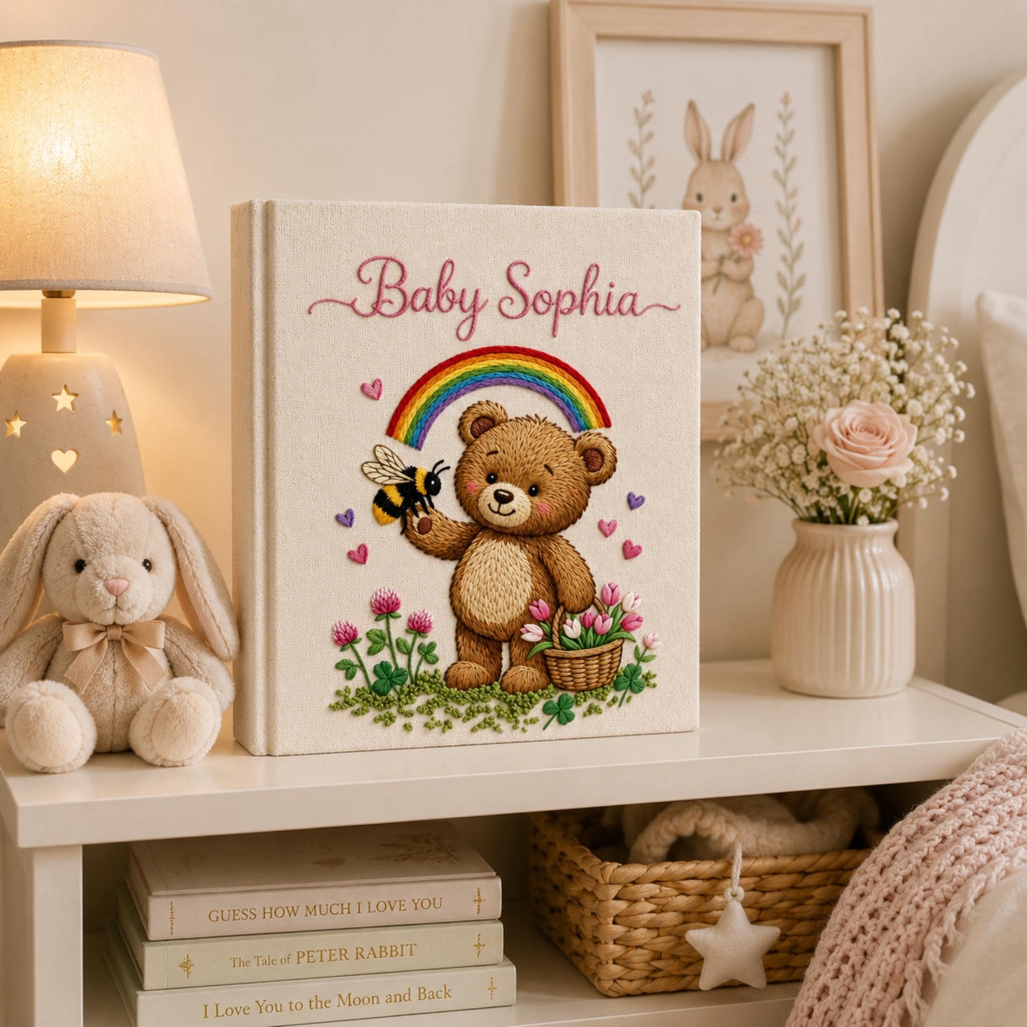 Hand Embroidered Baby Photo Album with Teddy Bear, Embroidered Photo Album With Sleeves, Linen Baby Memory Book, Newborn Keepsake Album