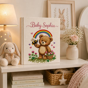 Hand Embroidered Baby Photo Album with Teddy Bear, Embroidered Photo Album With Sleeves, Linen Baby Memory Book, Newborn Keepsake Album