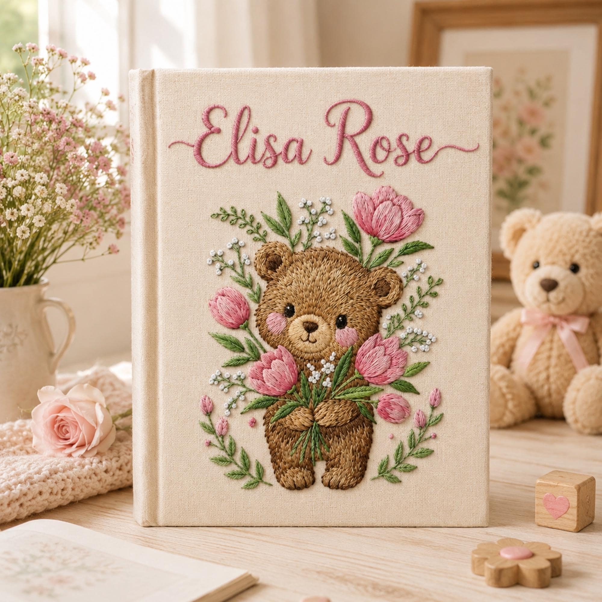 Hand Embroidered Baby Photo Album with Teddy Bear, Embroidered Photo Album With Sleeves, Linen Baby Memory Book, Newborn Keepsake Album