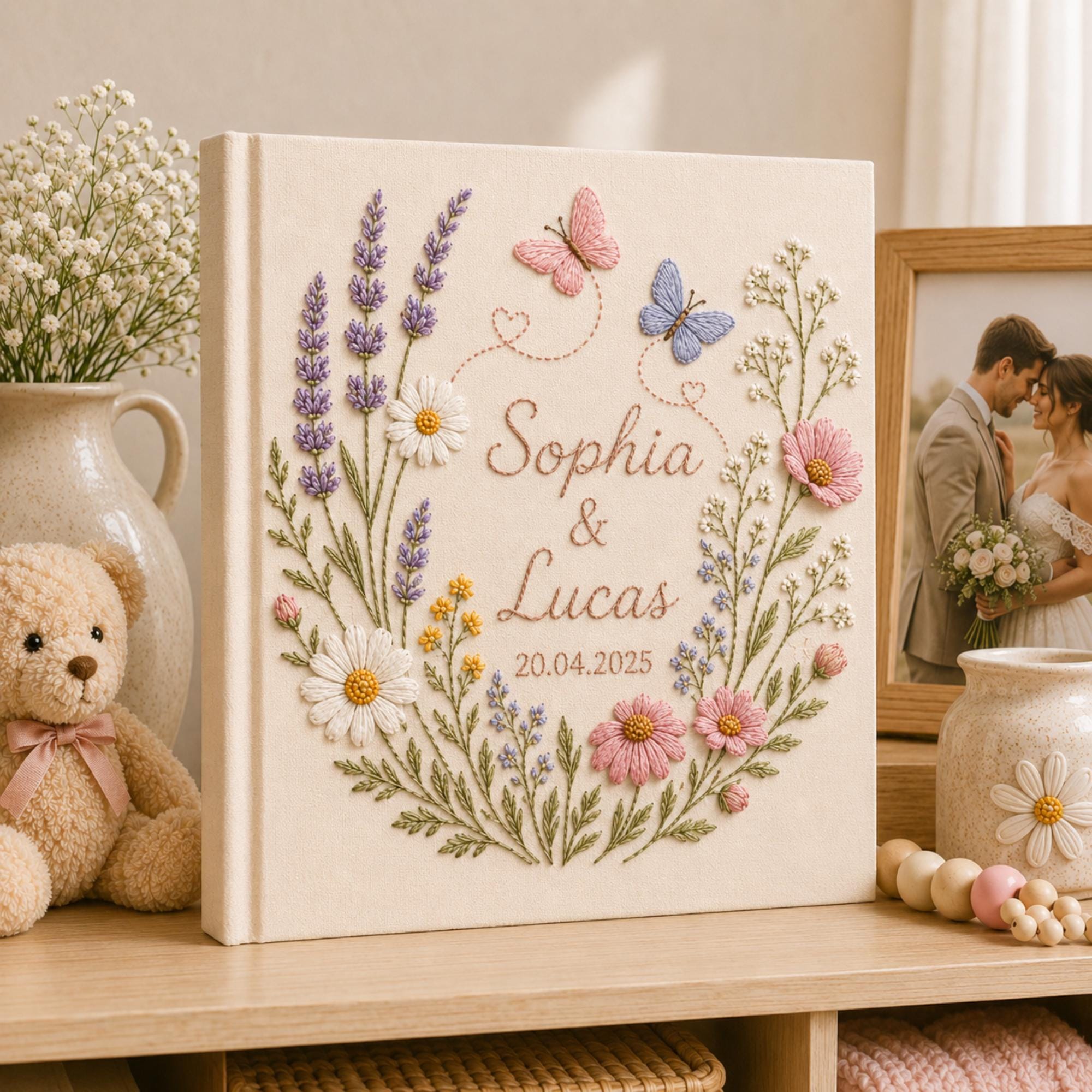 Custom Hand Embroidered Photo Album With Sleeves, Wedding Photo Album, Couple Photo Album, Baby Photo Album, Flower Embroidered Photo Album