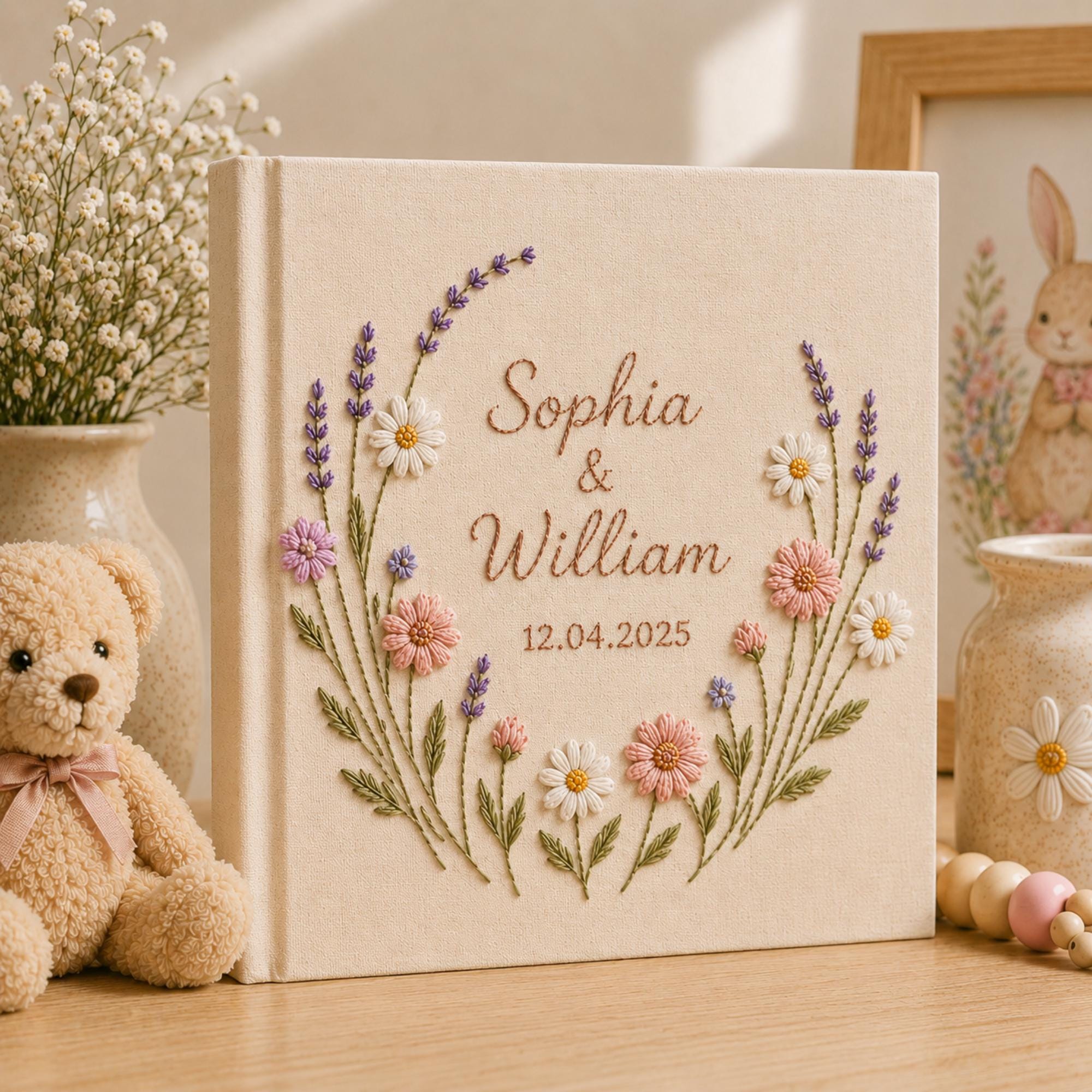 Custom Hand Embroidered Photo Album With Sleeves, Wedding Photo Album, Couple Photo Album, Baby Photo Album, Flower Embroidered Photo Album