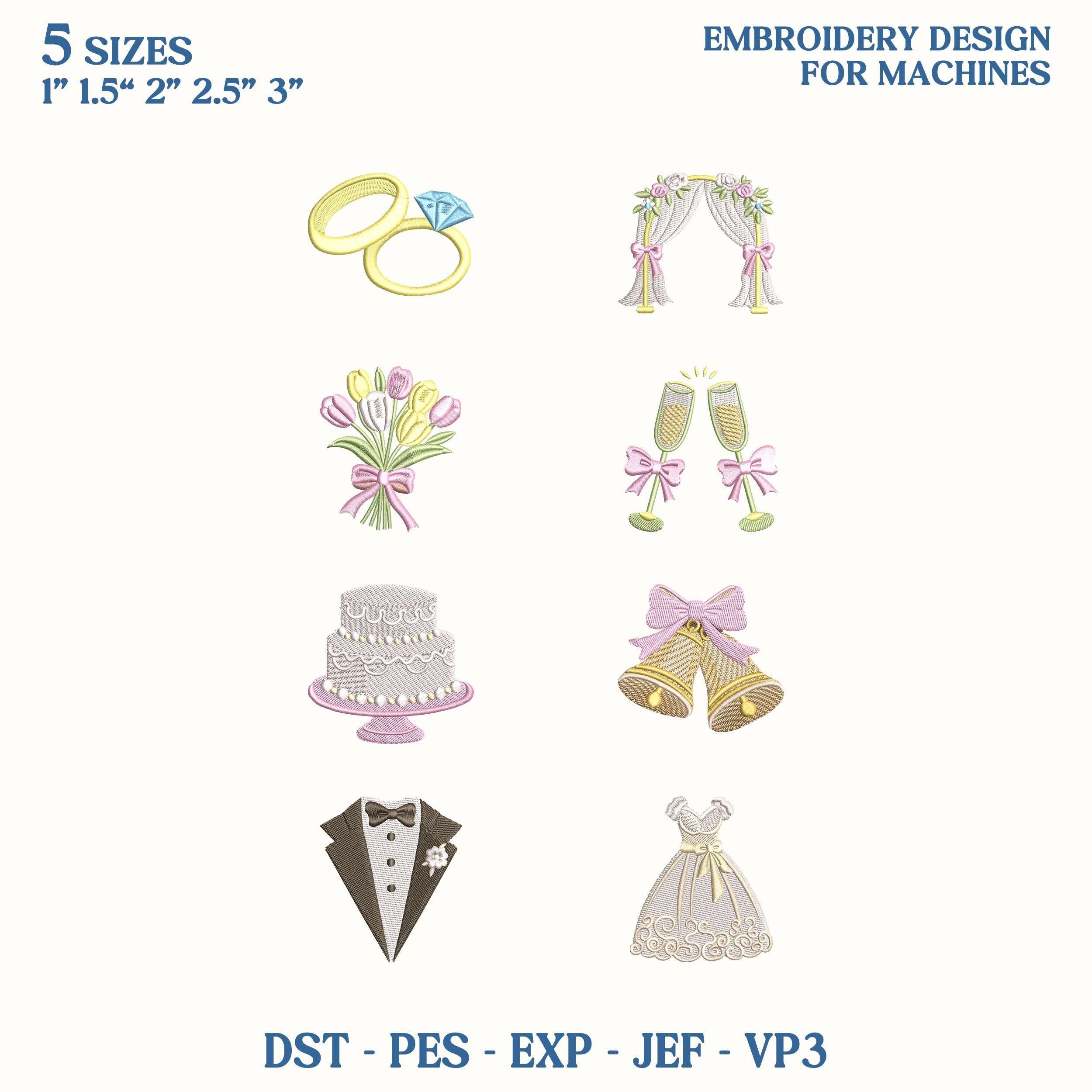 Wedding Mini Embroidery Design Bundle, Bridal Shower Icons Embroidery File, Wedding Favor Machine Embroidery File, Instant Download