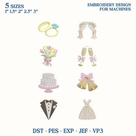 Wedding Mini Embroidery Design Bundle, Bridal Shower Icons Embroidery File, Wedding Favor Machine Embroidery File, Instant Download