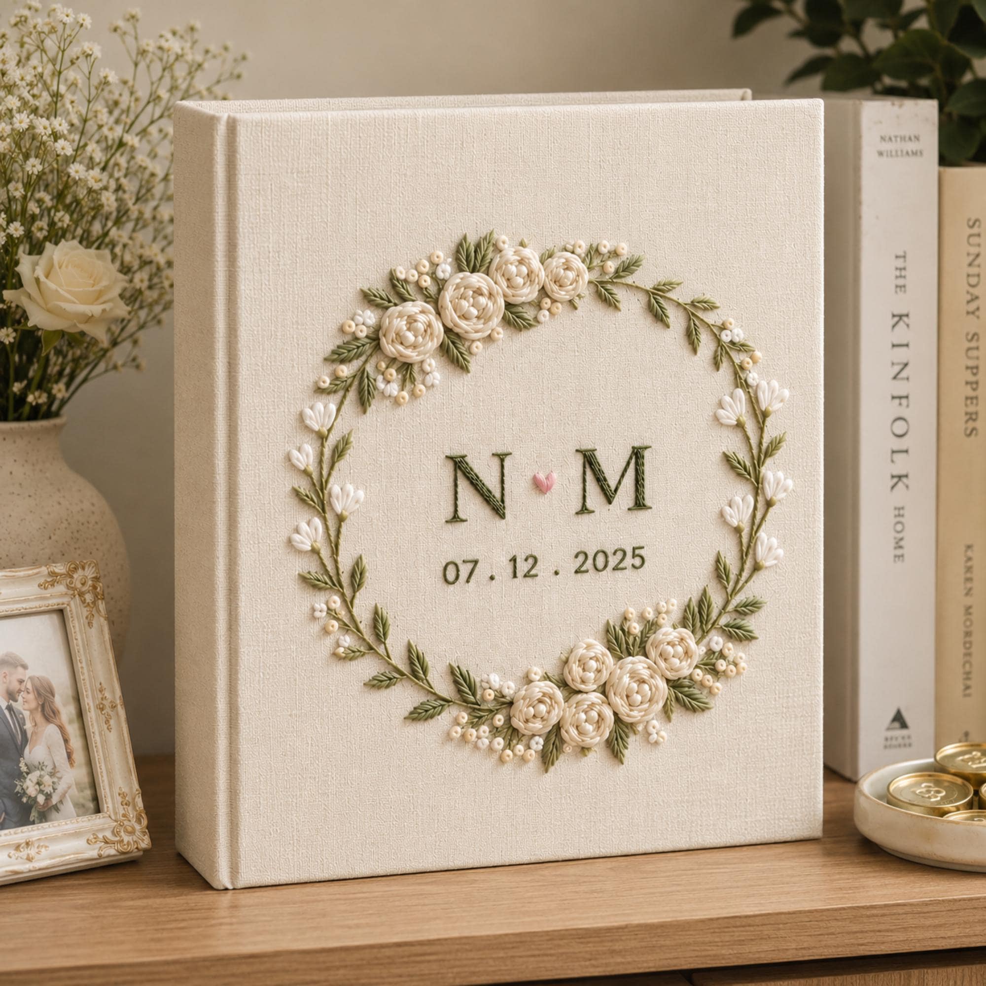 Custom Hand Embroidered Linen Photo Album, Floral Wedding Keepsake Album, Flower Wedding Photo Album, Hardbound Scrapbook,Unique Photo Album