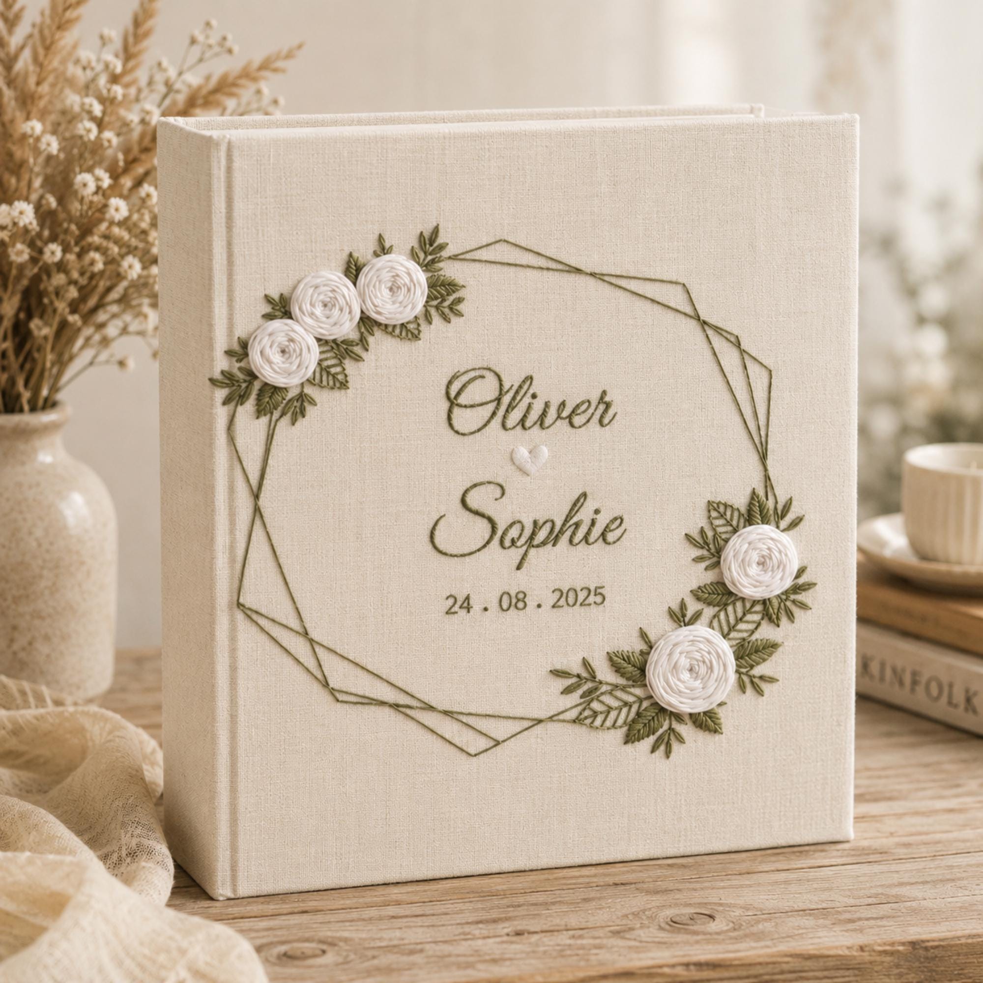 Custom Hand Embroidered Linen Photo Album, Floral Wedding Keepsake Album, Flower Wedding Photo Album, Hardbound Scrapbook,Unique Photo Album