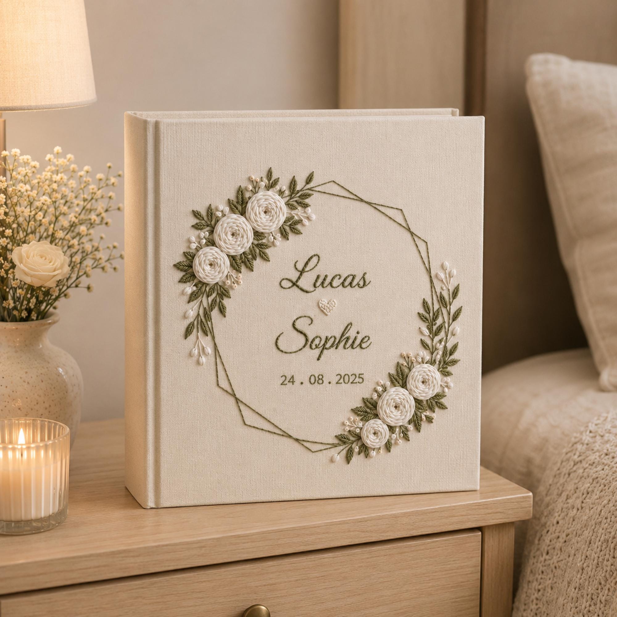 Custom Hand Embroidered Linen Photo Album, Floral Wedding Keepsake Album, Flower Wedding Photo Album, Hardbound Scrapbook,Unique Photo Album