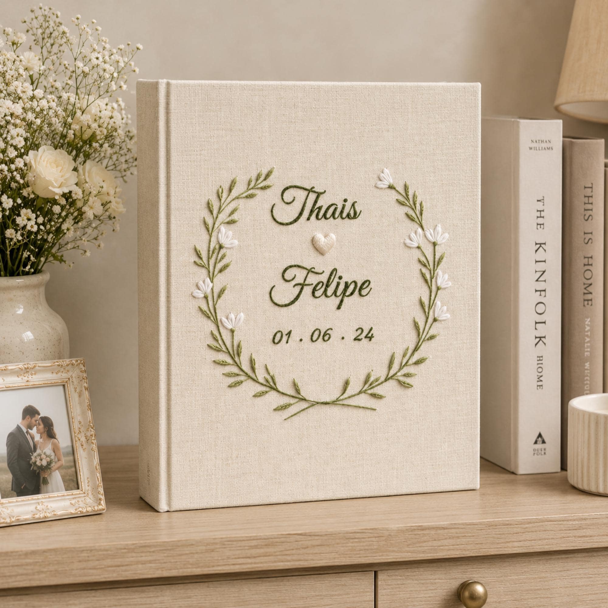 Custom Hand Embroidered Linen Photo Album, Floral Wedding Keepsake Album, Flower Wedding Photo Album, Hardbound Scrapbook,Unique Photo Album