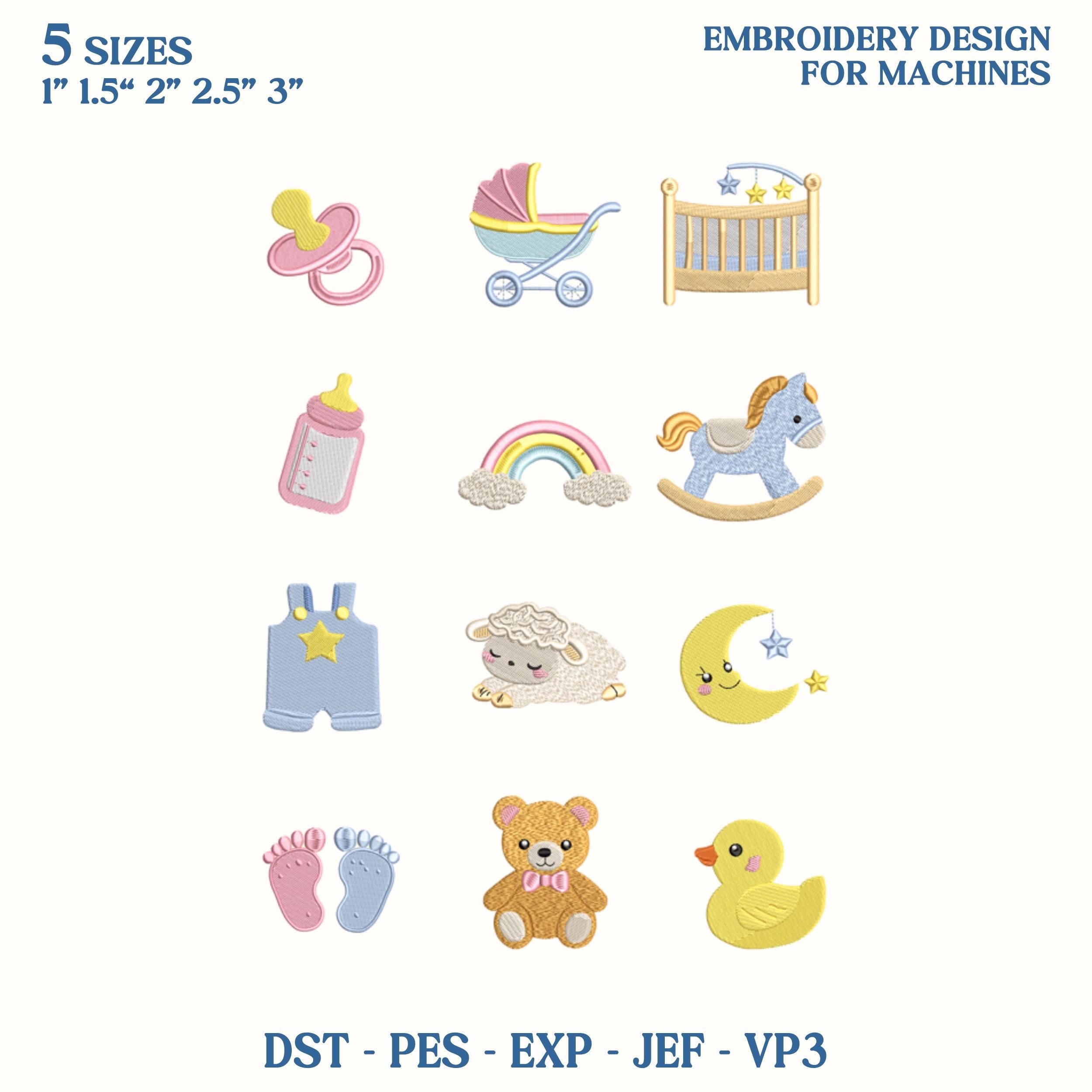 Baby Shower Mini Embroidery Design Bundle, Nursery Icons Embroidery File, New Baby Gift Machine Embroidery File, Instant Download