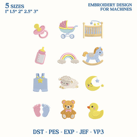 Baby Shower Mini Embroidery Design Bundle, Nursery Icons Embroidery File, New Baby Gift Machine Embroidery File, Instant Download