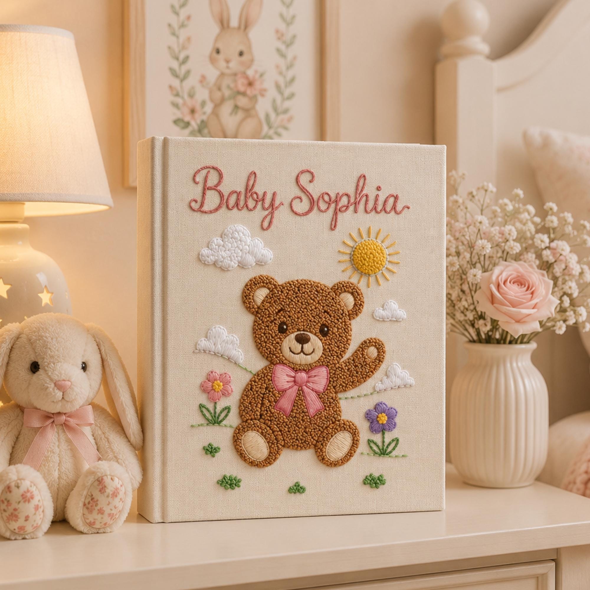 Hand Embroidered Teddy Bear Baby Photo Album, Teddy Bear Floral Woodland Design, Custom Linen Baby Memory Book, Newborn Keepsake Album