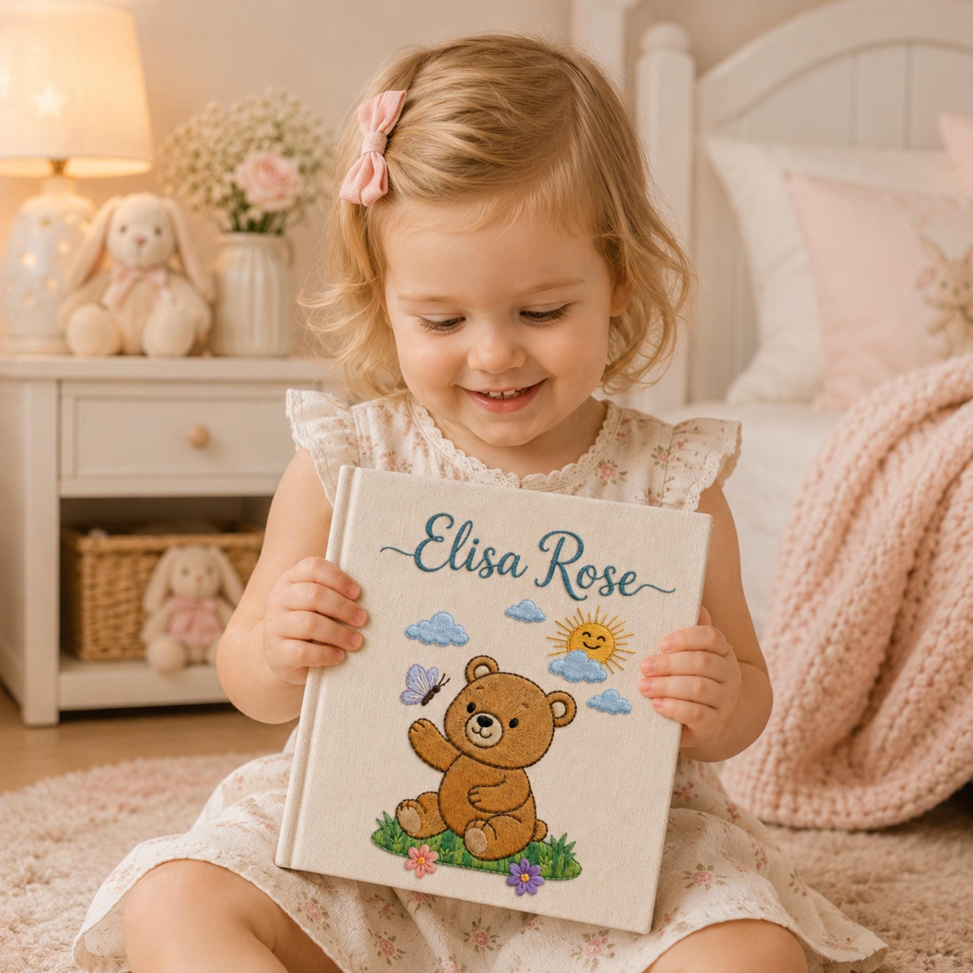 Hand Embroidered Teddy Bear Baby Photo Album, Teddy Bear Floral Woodland Design, Custom Linen Baby Memory Book, Newborn Keepsake Album