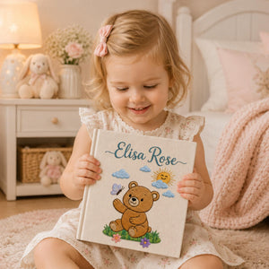 Hand Embroidered Teddy Bear Baby Photo Album, Teddy Bear Floral Woodland Design, Custom Linen Baby Memory Book, Newborn Keepsake Album
