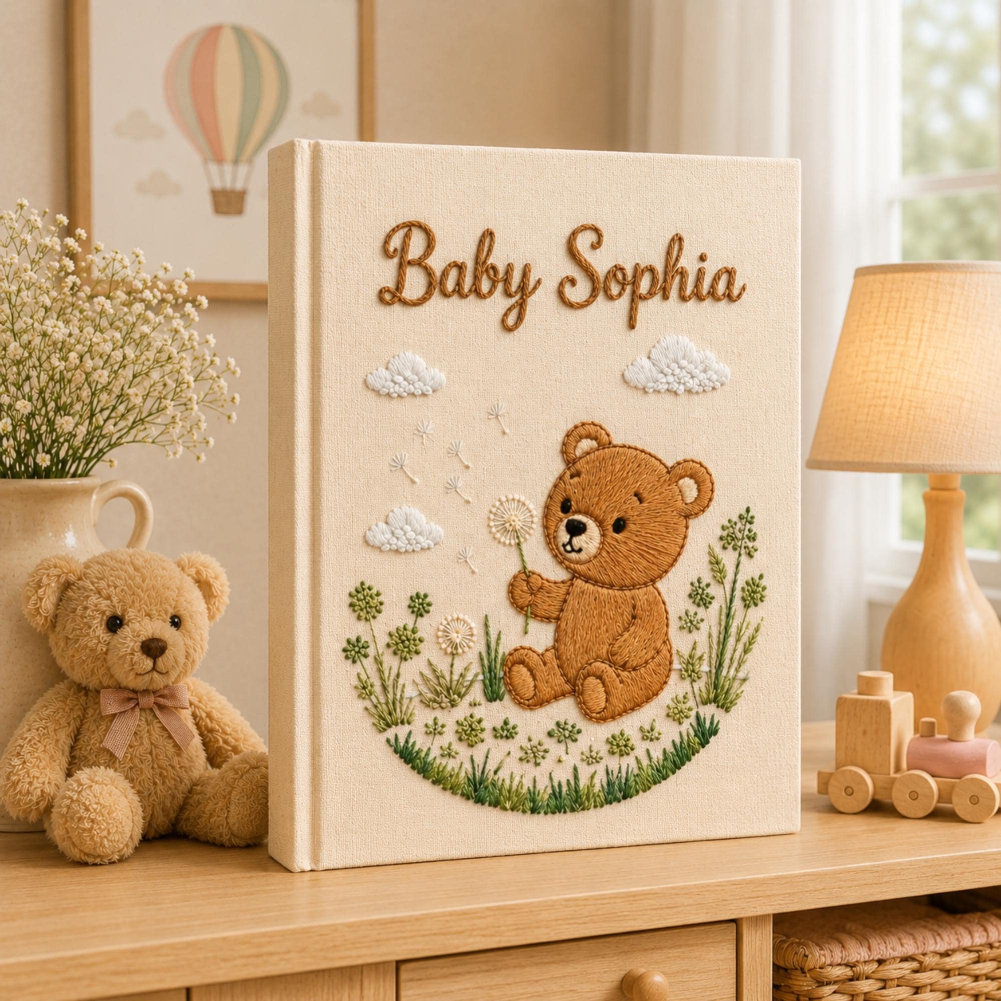 Hand Embroidered Teddy Bear Baby Photo Album, Teddy Bear Floral Woodland Design, Custom Linen Baby Memory Book, Newborn Keepsake Album