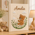 Hand Embroidered Teddy Bear Baby Photo Album, Teddy Bear Floral Woodland Design, Custom Linen Baby Memory Book, Newborn Keepsake Album