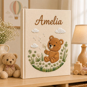 Hand Embroidered Teddy Bear Baby Photo Album, Teddy Bear Floral Woodland Design, Custom Linen Baby Memory Book, Newborn Keepsake Album
