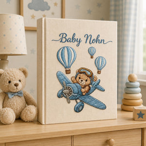 Hand Embroidered Teddy Bear Baby Photo Album, Airplane Teddy Bear Keepsake Book, Custom Name Newborn Memory Book, Nursery Gift