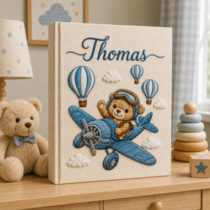 Hand Embroidered Teddy Bear Baby Photo Album, Airplane Teddy Bear Keepsake Book, Custom Name Newborn Memory Book, Nursery Gift