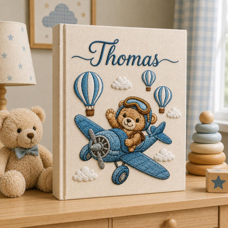 Hand Embroidered Teddy Bear Baby Photo Album, Airplane Teddy Bear Keepsake Book, Custom Name Newborn Memory Book, Nursery Gift