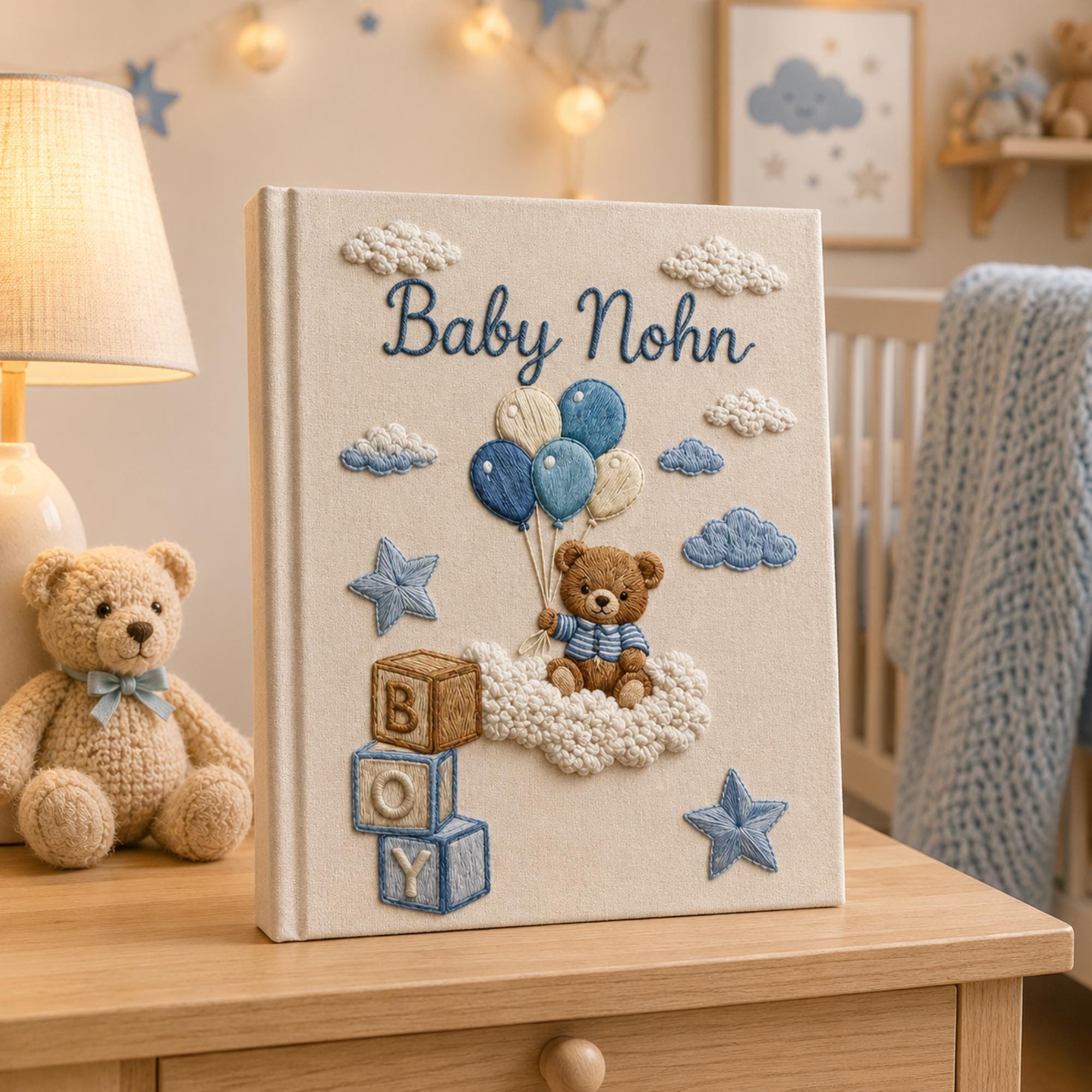 Personalized Hand Embroidered Keepsake Baby Photo Album, Embroidered Teddy Bear Memory Book, Custom Linen Baby Keepsake Album, Newborn Gift