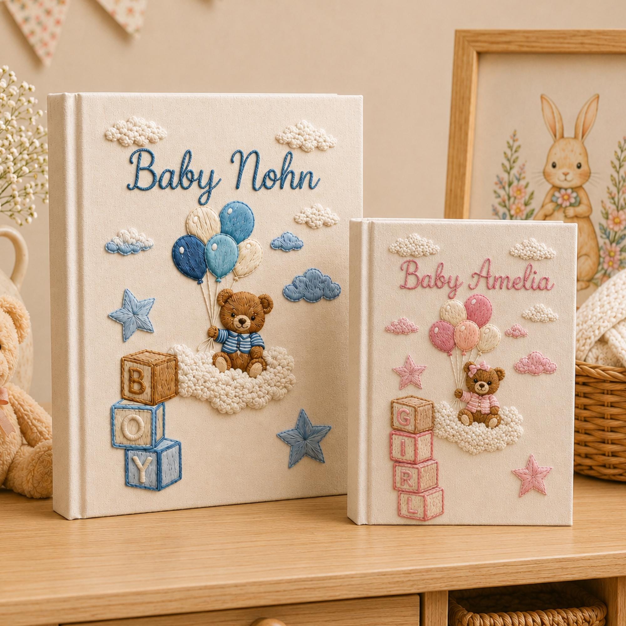 Personalized Hand Embroidered Keepsake Baby Photo Album, Embroidered Teddy Bear Memory Book, Custom Linen Baby Keepsake Album, Newborn Gift