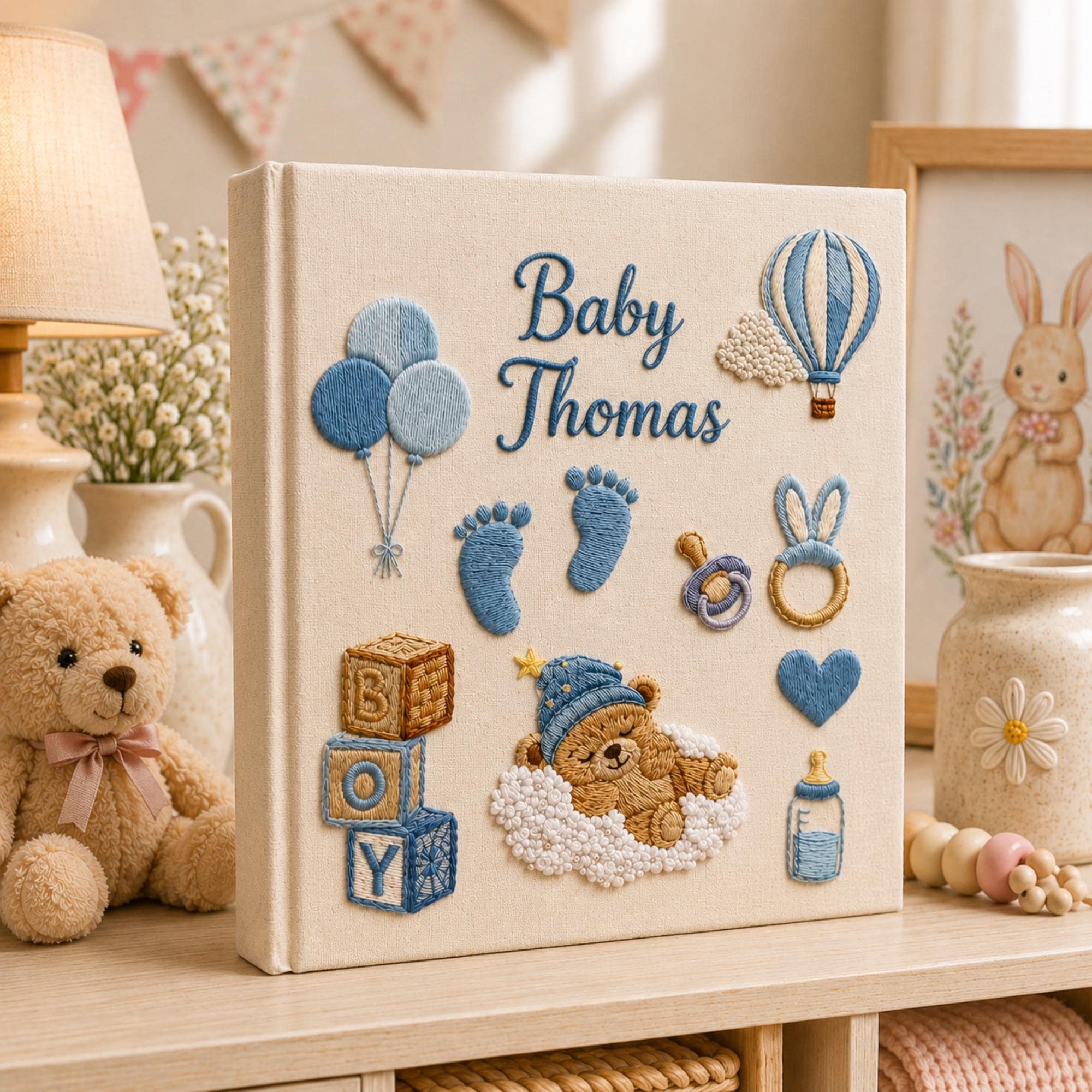 Personalized Hand Embroidered Keepsake Baby Photo Album, Embroidered Teddy Bear Memory Book, Custom Linen Baby Keepsake Album, Newborn Gift