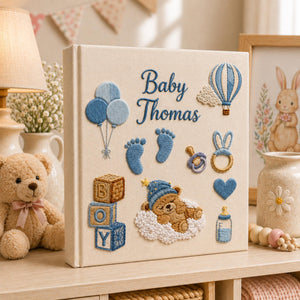 Personalized Hand Embroidered Keepsake Baby Photo Album, Embroidered Teddy Bear Memory Book, Custom Linen Baby Keepsake Album, Newborn Gift