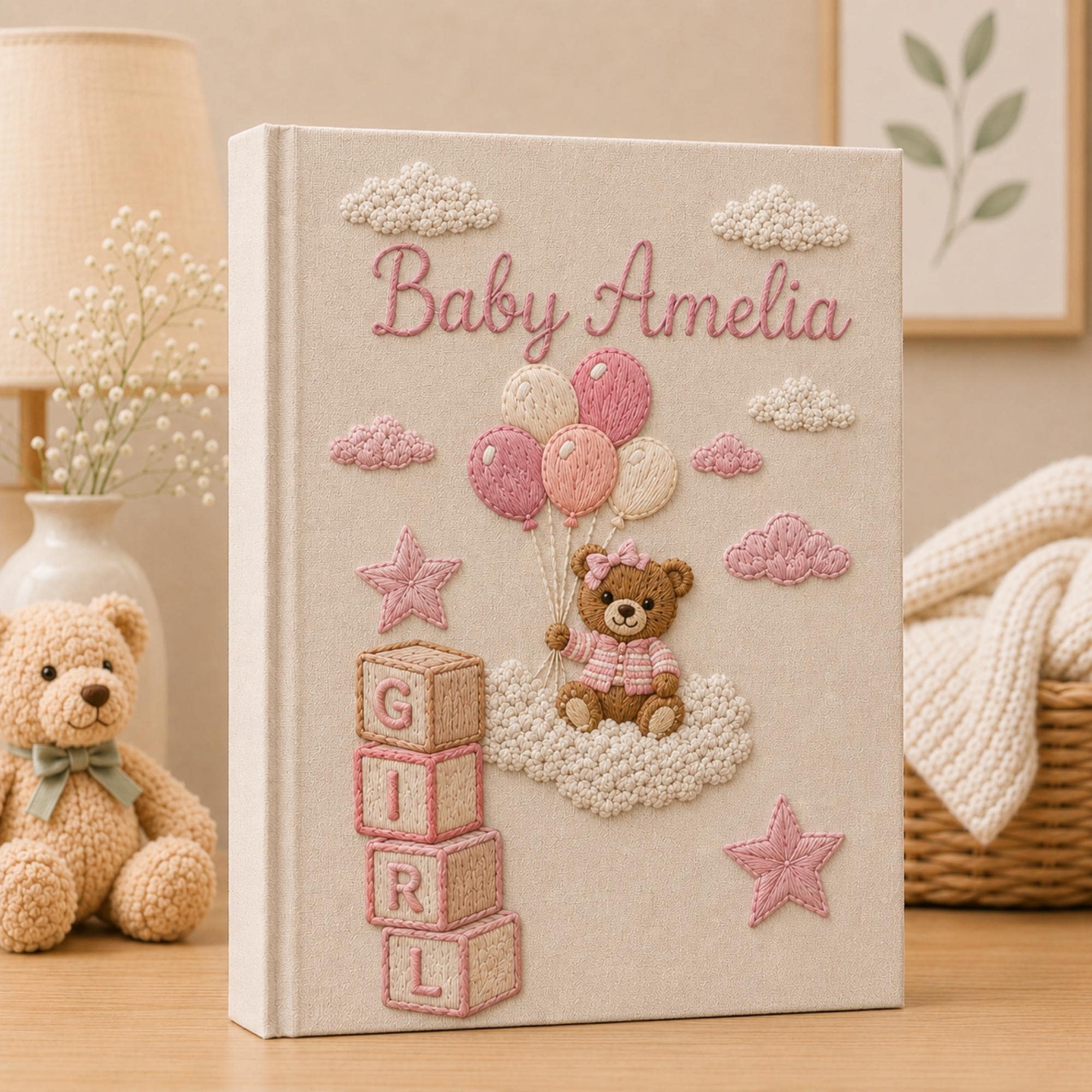Personalized Hand Embroidered Keepsake Baby Photo Album, Embroidered Teddy Bear Memory Book, Custom Linen Baby Keepsake Album, Newborn Gift
