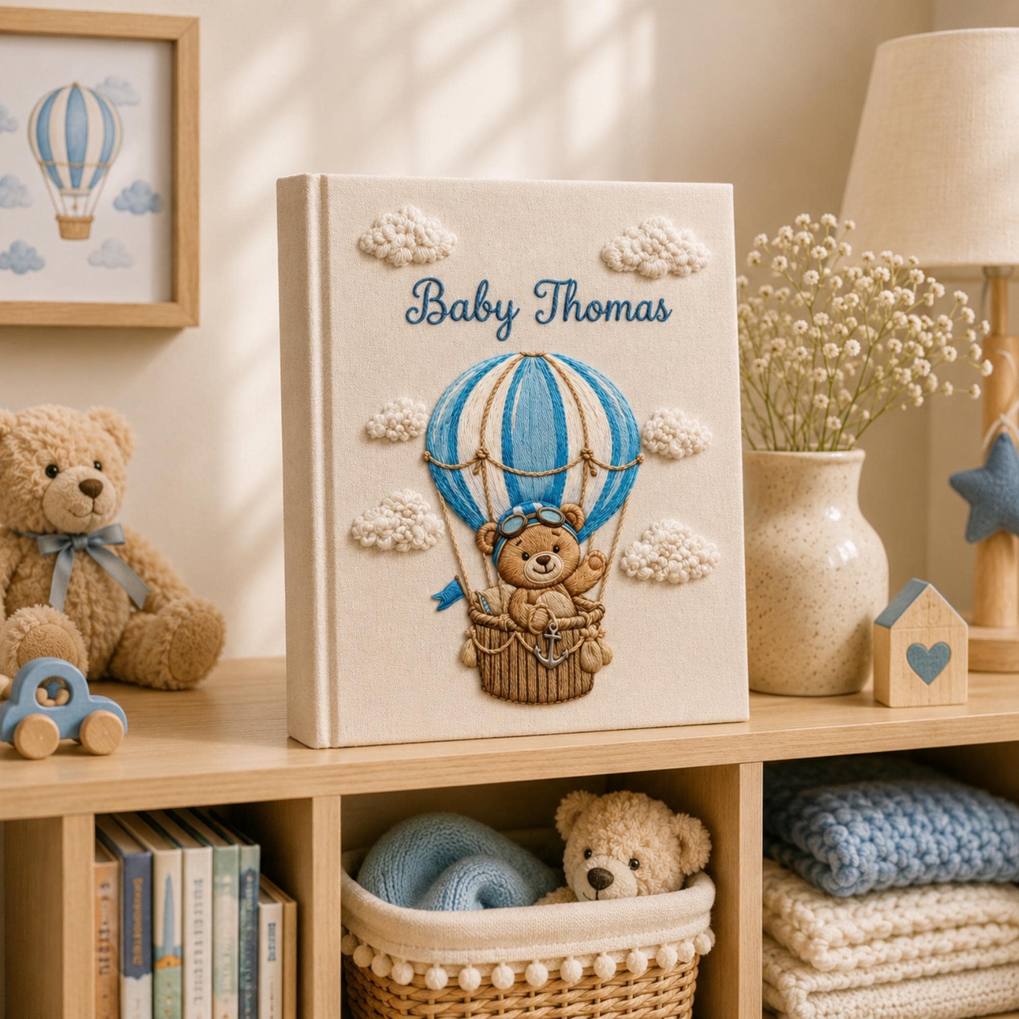 Hand Embroidered Baby Photo Album with Teddy Bear, Hot Air Balloon Memory Book, Custom Linen Baby Album Keepsake, Baby Shower Gift
