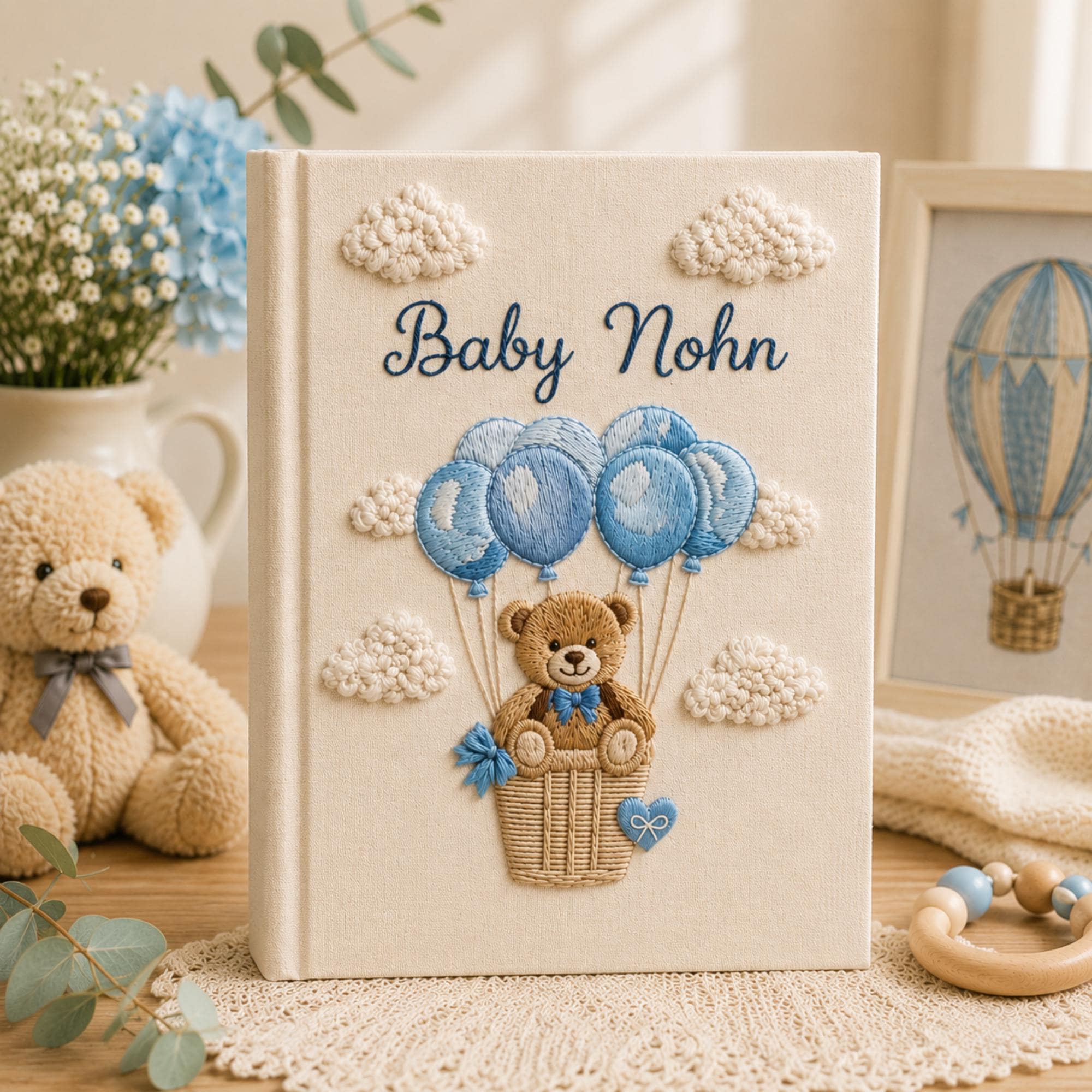 Hand Embroidered Baby Photo Album with Teddy Bear, Hot Air Balloon Memory Book, Custom Linen Baby Album Keepsake, Baby Shower Gift