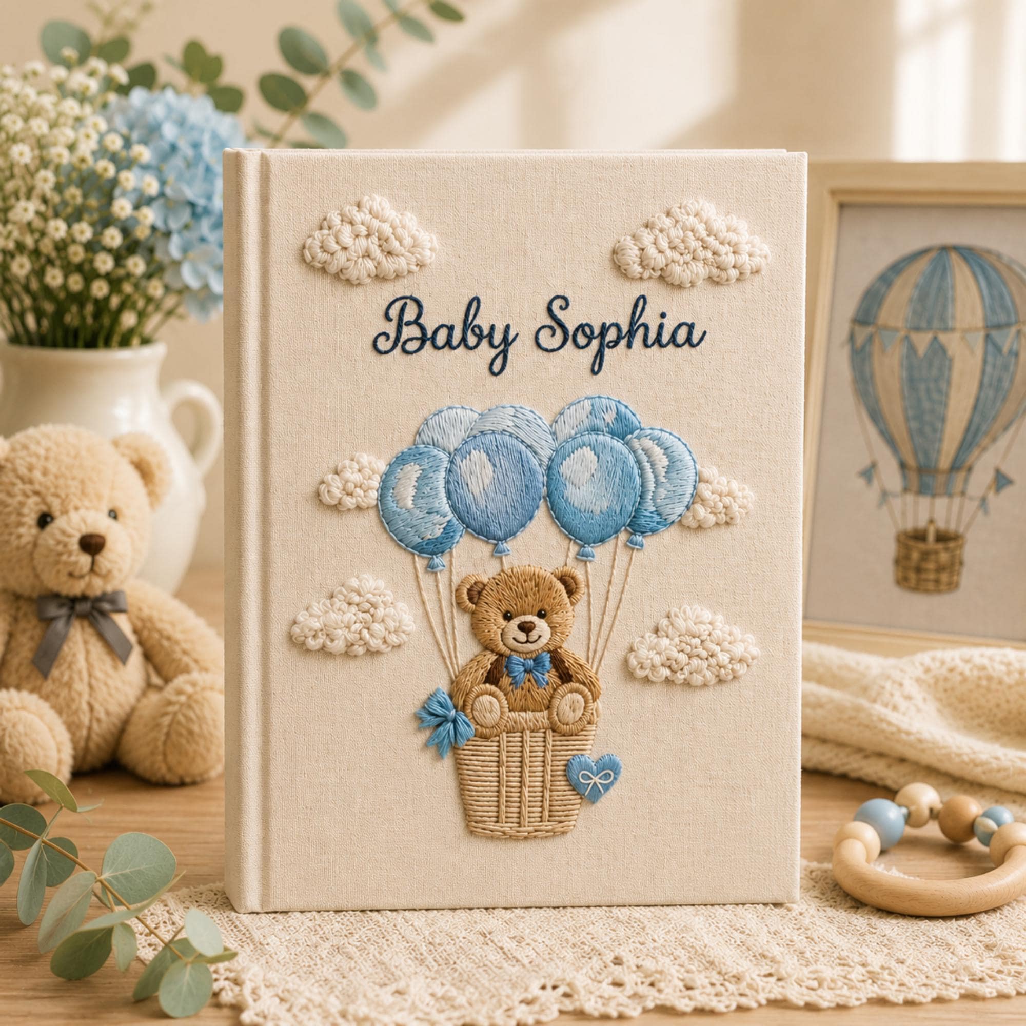 Hand Embroidered Baby Photo Album with Teddy Bear, Hot Air Balloon Memory Book, Custom Linen Baby Album Keepsake, Baby Shower Gift