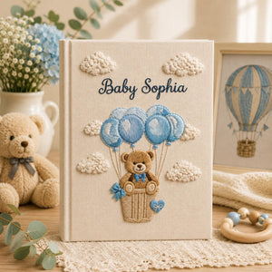 Hand Embroidered Baby Photo Album with Teddy Bear, Hot Air Balloon Memory Book, Custom Linen Baby Album Keepsake, Baby Shower Gift