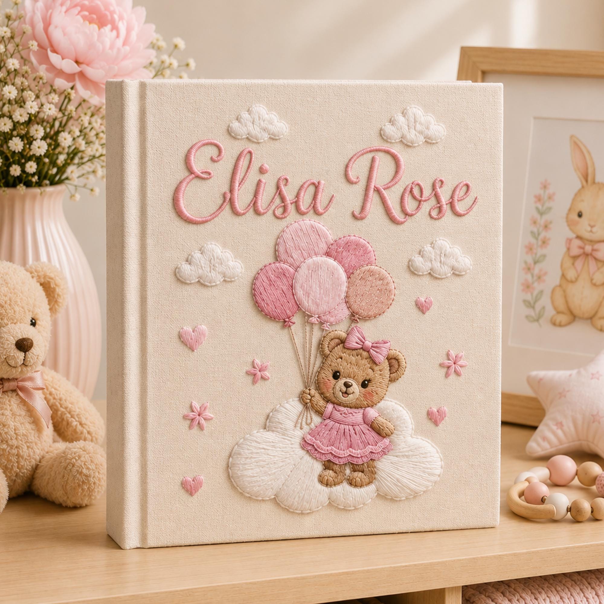 Custom Hand Embroidered Baby Photo Album, Teddy Bear Balloon Linen Memory Book, Baby Album Keepsake, Baby Shower Gift, Girl Nursery Album