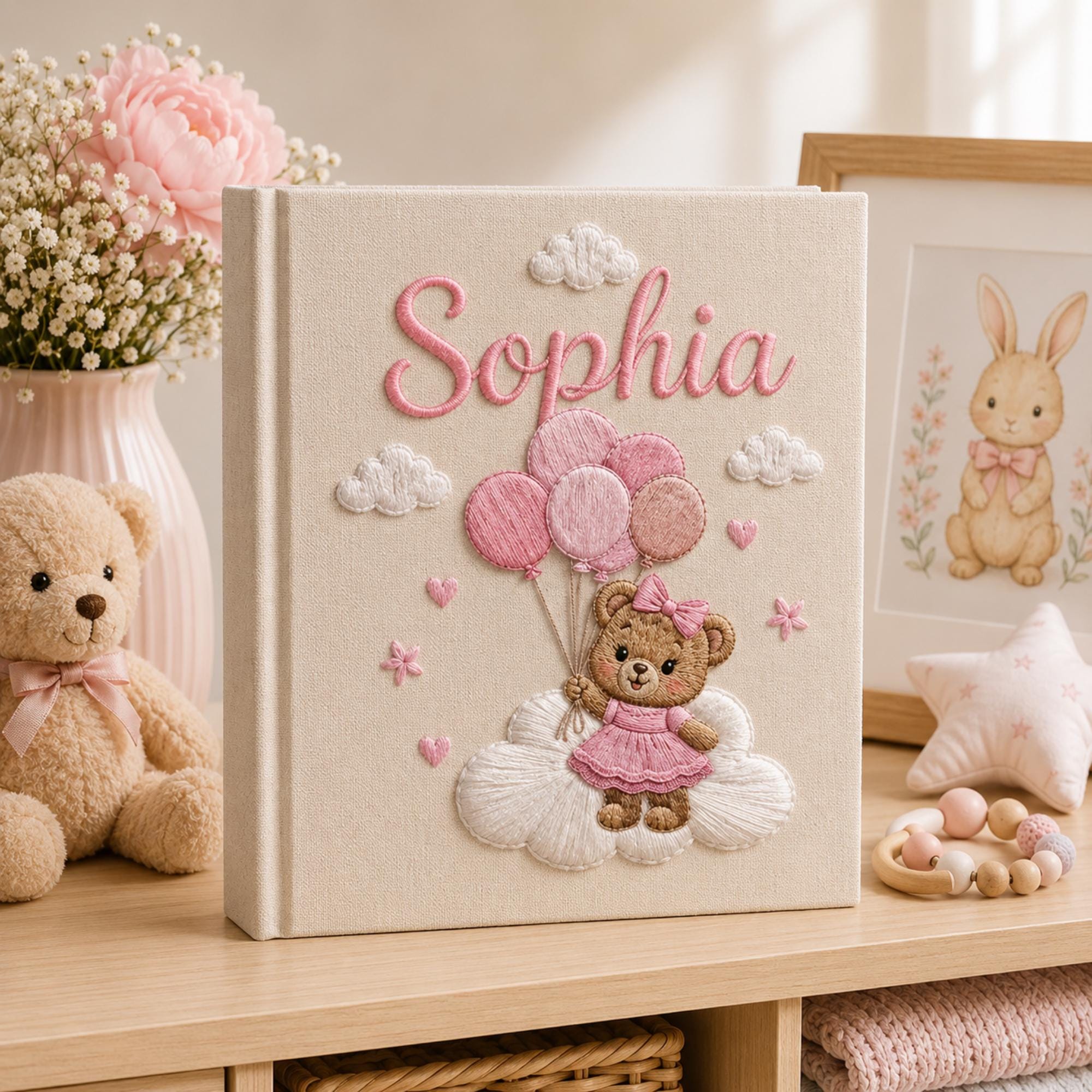 Custom Hand Embroidered Baby Photo Album, Teddy Bear Balloon Linen Memory Book, Baby Album Keepsake, Baby Shower Gift, Girl Nursery Album