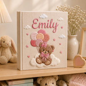 Custom Hand Embroidered Baby Photo Album, Teddy Bear Balloon Linen Memory Book, Baby Album Keepsake, Baby Shower Gift, Girl Nursery Album