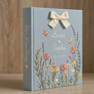 Custom Hand Embroidered Photo Album With Sleeves, Floral Wedding Keepsake Album, Linen Baby Memory Book, Anniversary Gift,Unique Photo Album