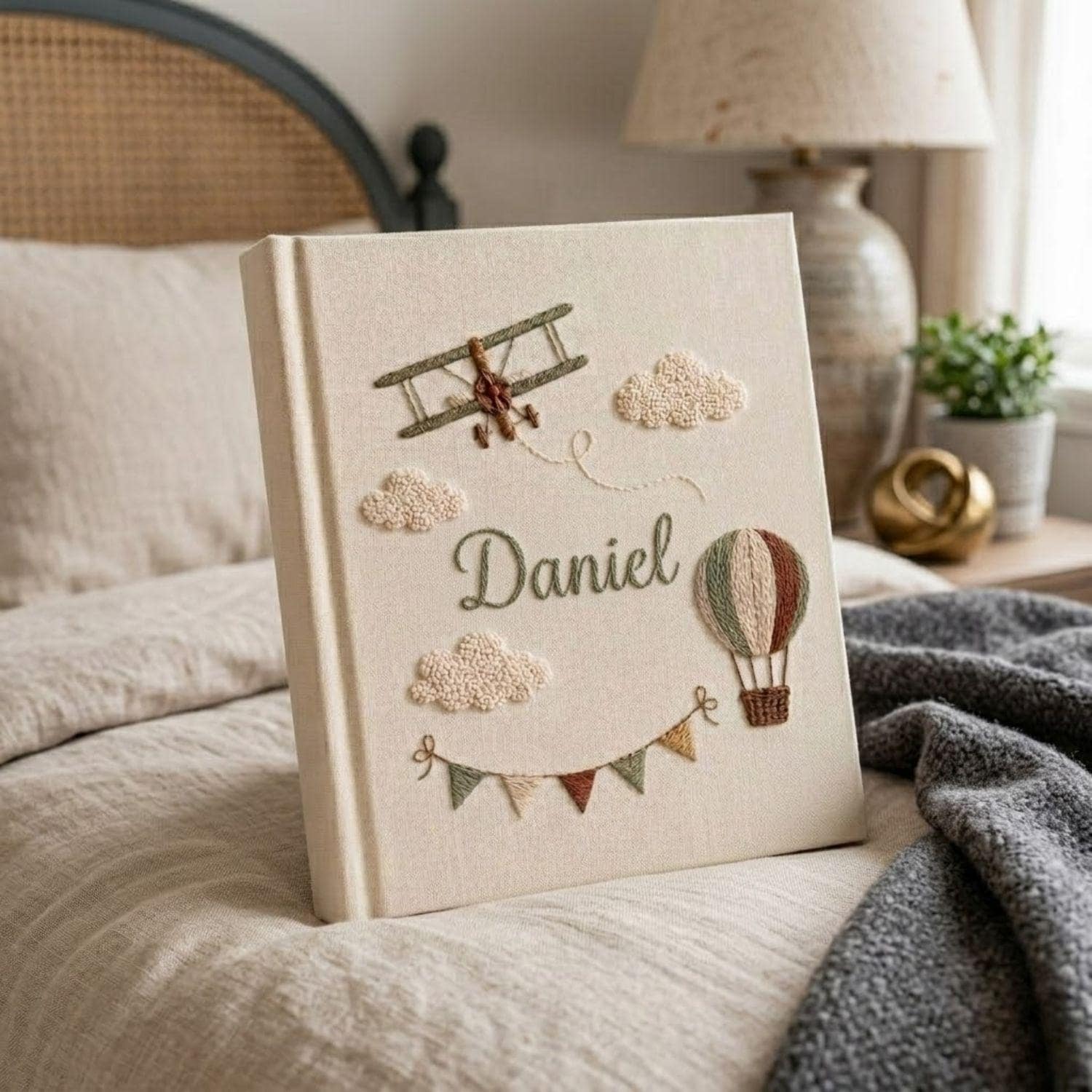 Custom Hand Embroidered Baby Photo Album, Airplane Hot Air Balloon Design, Personalized Baby Memory Book, Handmade Linen Keepsake Gift