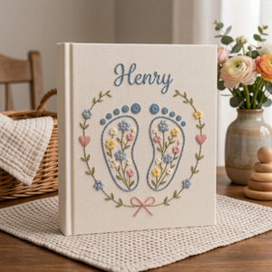 Hand Embroidered Baby Photo Album, Personalized Name Album, Floral Baby Footprints, Newborn Memory Book, Baby Shower Gifts, Nursery Keepsake