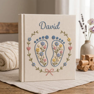 Hand Embroidered Baby Photo Album, Personalized Name Album, Floral Baby Footprints, Newborn Memory Book, Baby Shower Gifts, Nursery Keepsake