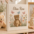 Custom Hand Embroidered Baby Photo Album, Teddy Bear Floral Linen Memory Book, Baby Album Keepsake, Baby Shower Gift, Girl Nursery Album