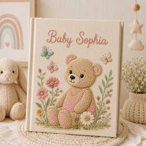 Custom Hand Embroidered Baby Photo Album, Teddy Bear Floral Linen Memory Book, Baby Album Keepsake, Baby Shower Gift, Girl Nursery Album