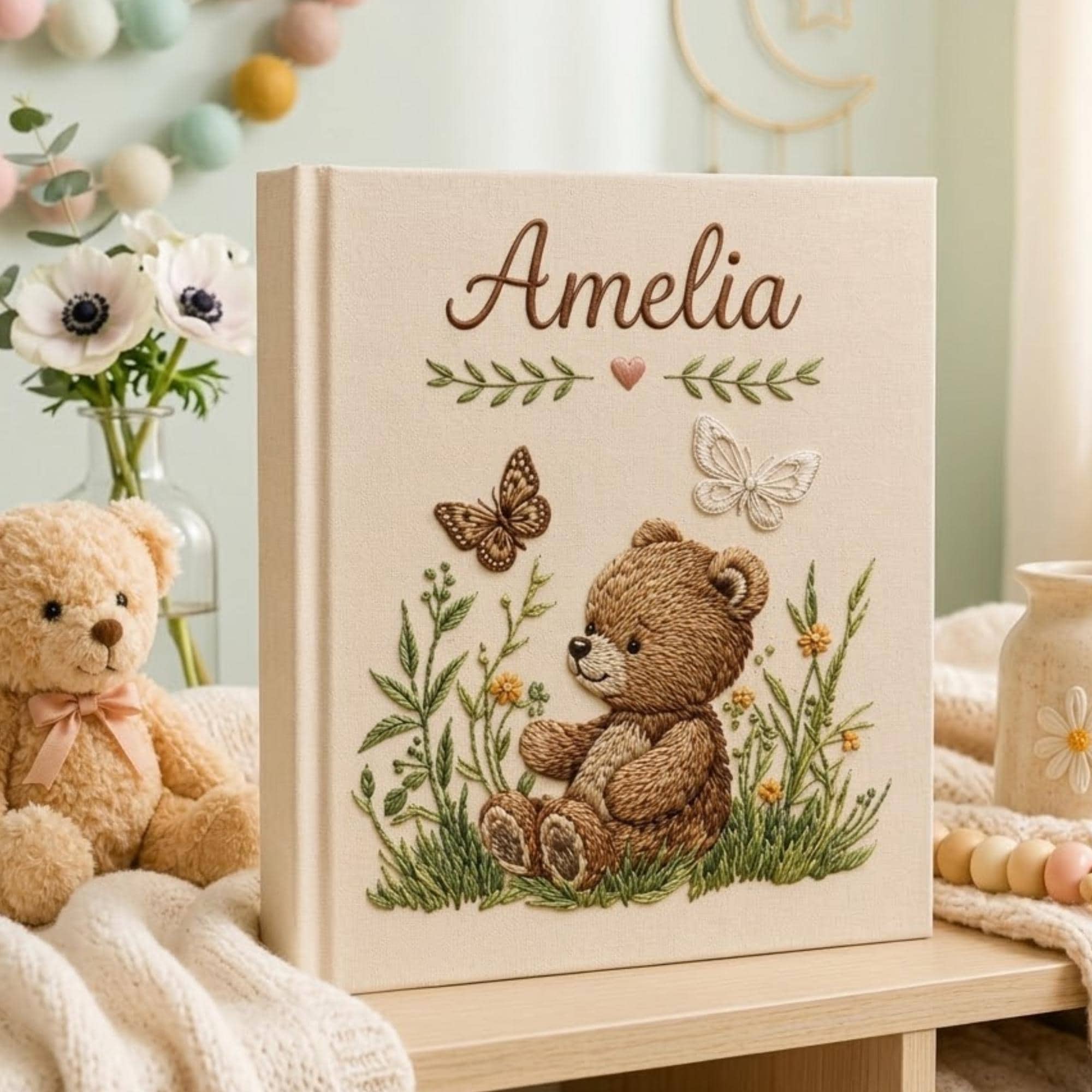 Hand Embroidered Baby Photo Album with Teddy Bear, Teddy Bear Linen Memory Book, Baby Shower Gift, Newborn Keepsake Album