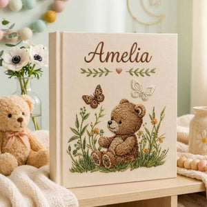 Hand Embroidered Baby Photo Album with Teddy Bear, Teddy Bear Linen Memory Book, Baby Shower Gift, Newborn Keepsake Album