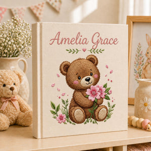 Hand Embroidered Baby Photo Album with Teddy Bear, Teddy Bear Linen Memory Book, Baby Shower Gift, Newborn Keepsake Album