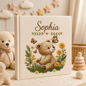 Hand Embroidered Baby Photo Album with Teddy Bear, Teddy Bear Linen Memory Book, Baby Shower Gift, Newborn Keepsake Album